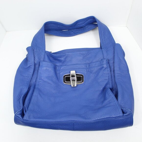 B MAKOWSKY Silver Hot Metal Collection Large Blue Leather Satchel Handbag Tote - Picture 2 of 8